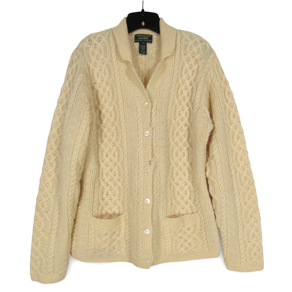 LAUREN RALPH LAUREN Ivory HAND KNIT WOOL SWEATER CARDIGAN ‼️‼️Damaged‼️‼️sz M
